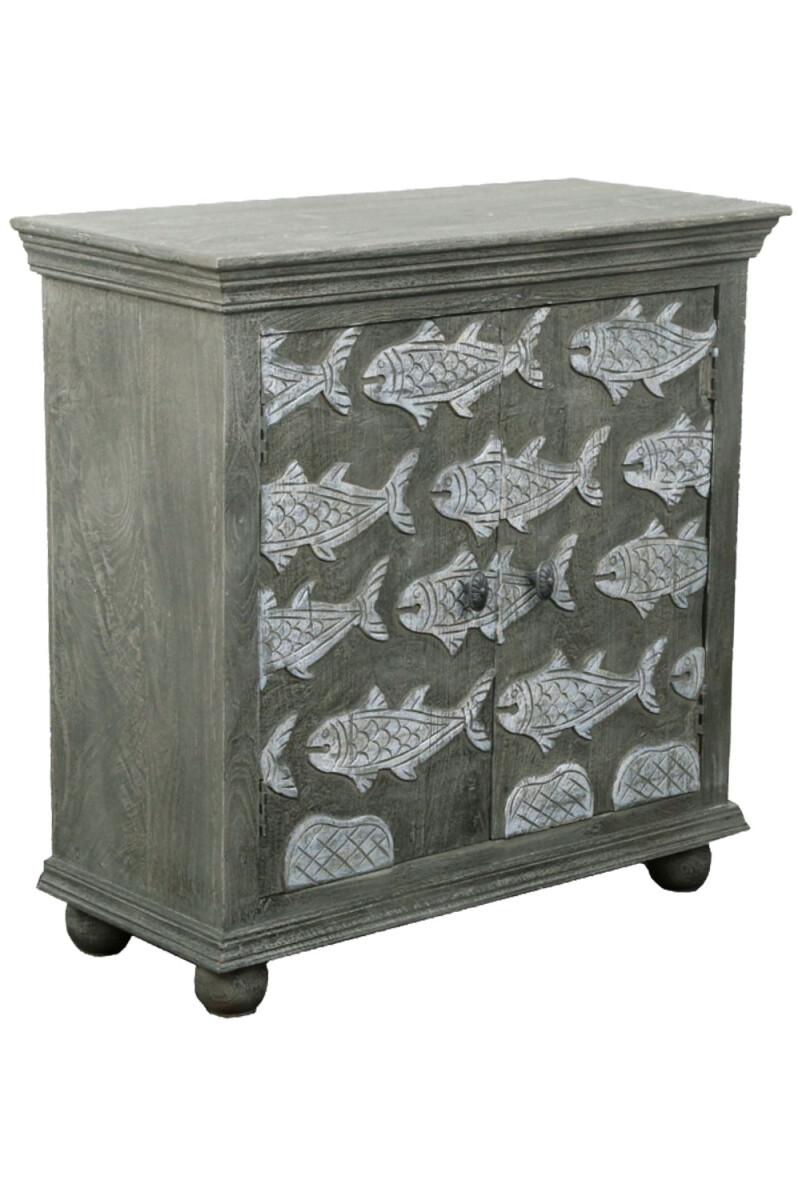 Commode Bouchra en bois massif gris 90 cm | Motif poisson bo