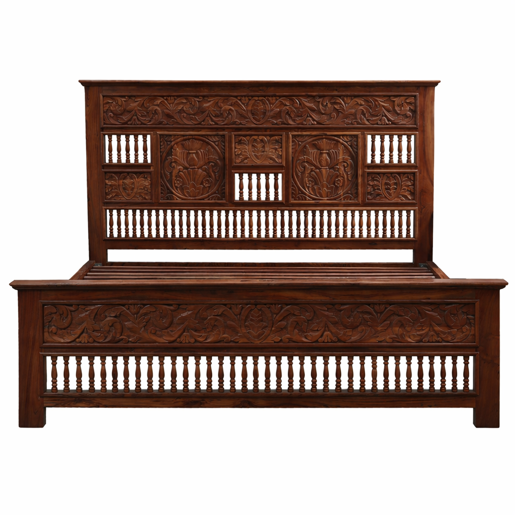 Lit oriental double en bois massif, couleur sable brun fonc&