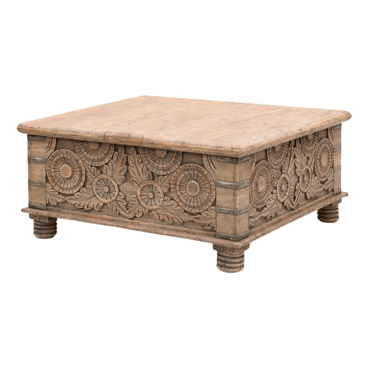 Table basse Nahjouk en bois massif sculptée à la main, 80 x 80 cm