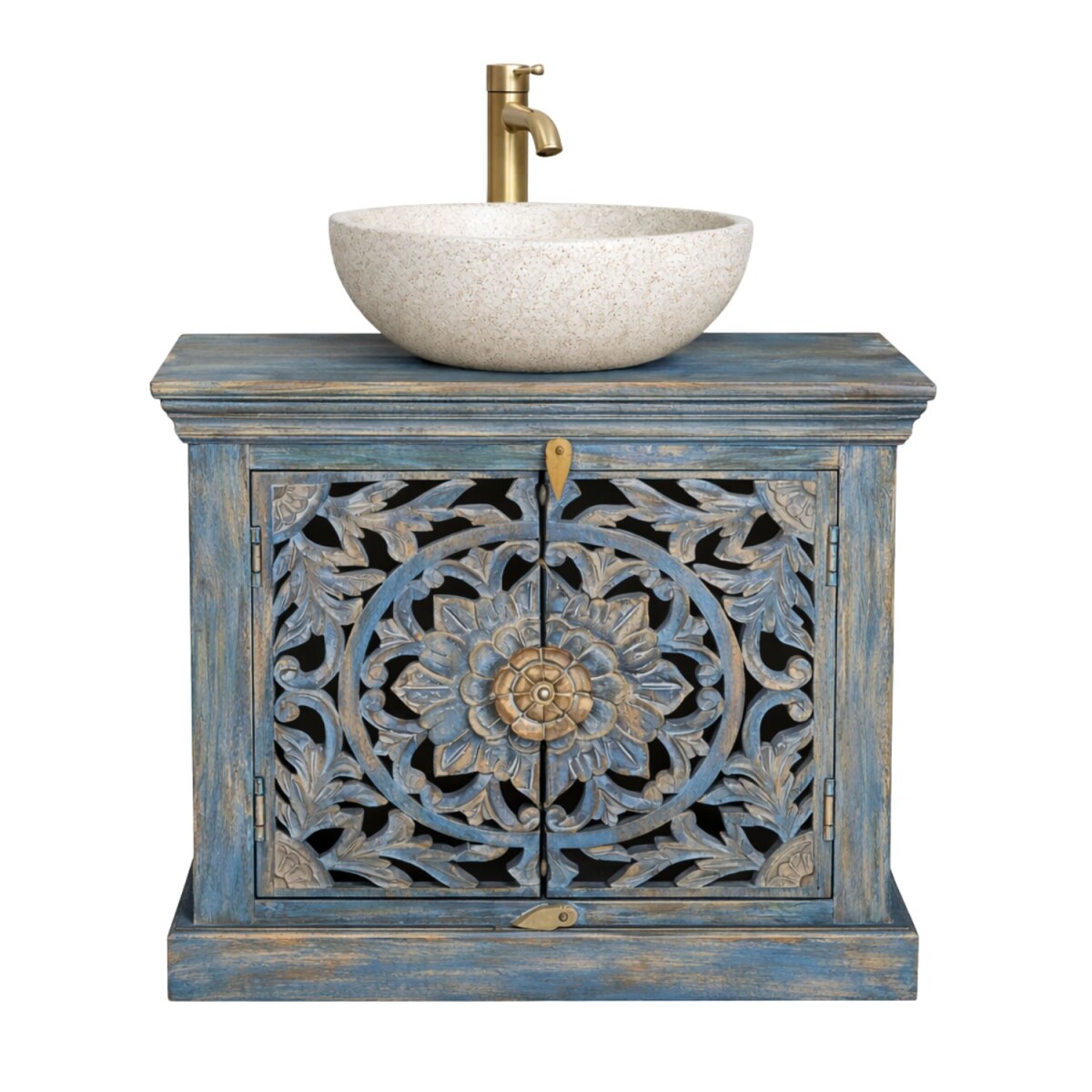 Meuble sous-vasque Kirpal bleu oriental en bois massif 66 cm