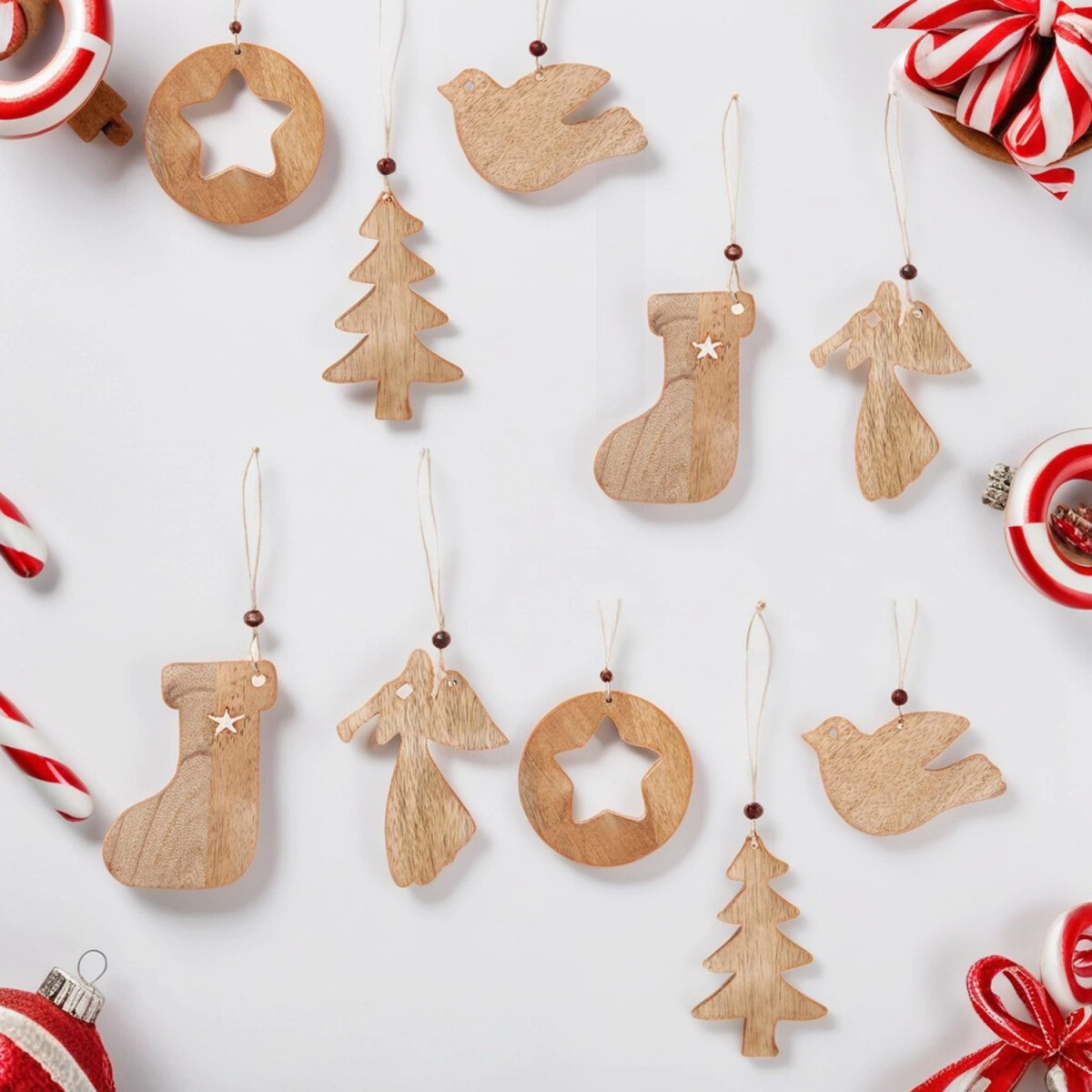 Lot de 10 pendentifs de Noël en bois pour la déc