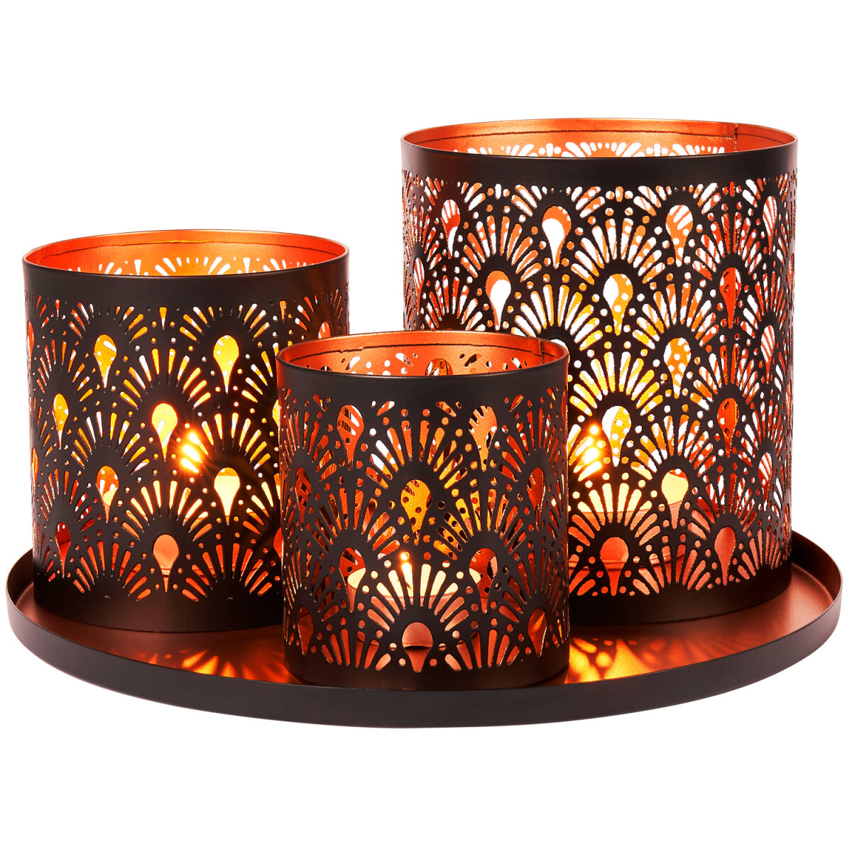 Lot de 3 photophores noir et cuivre, style oriental, sur pla