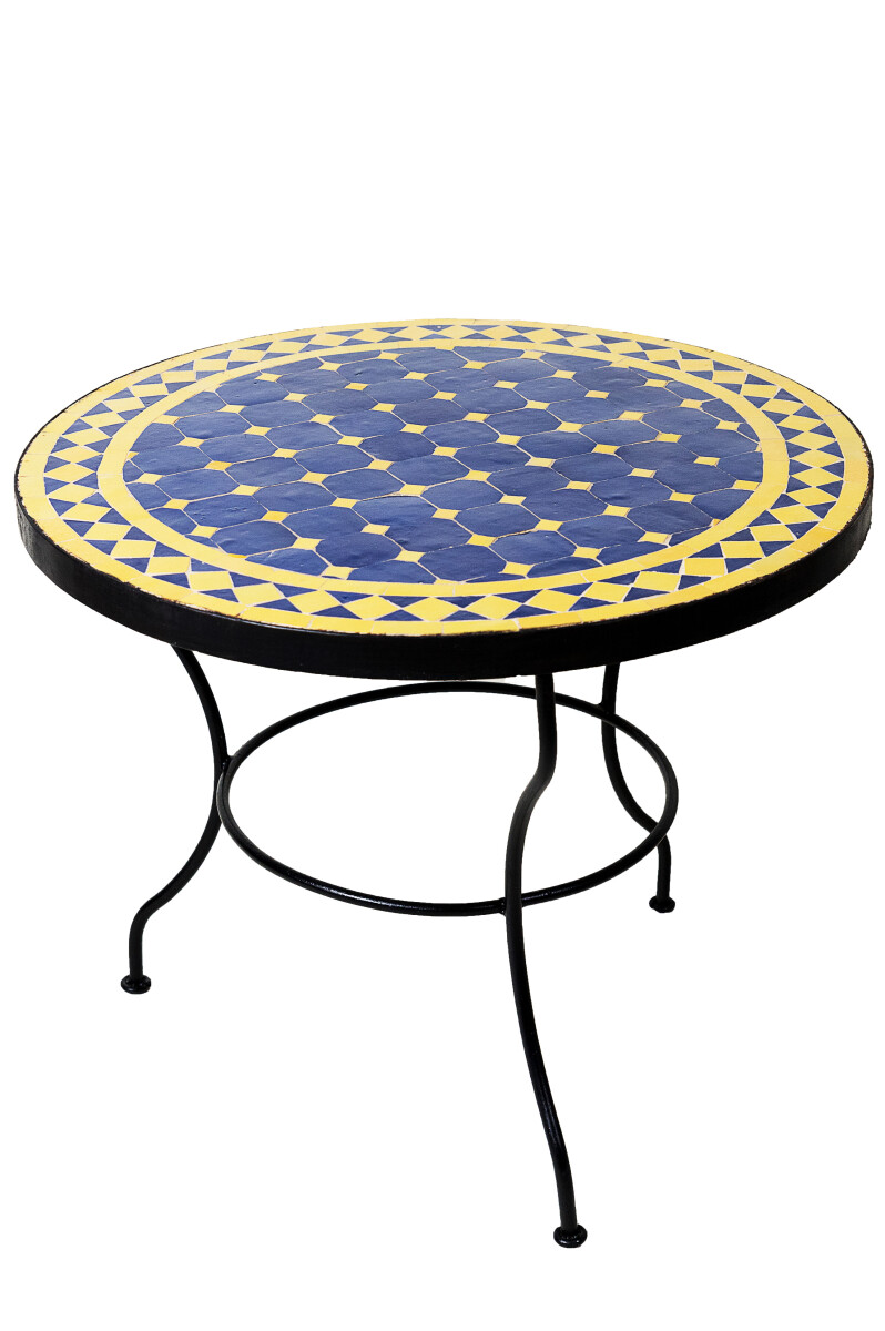 Table en mosaïque marocaine, bleu et jaune de Marrakech